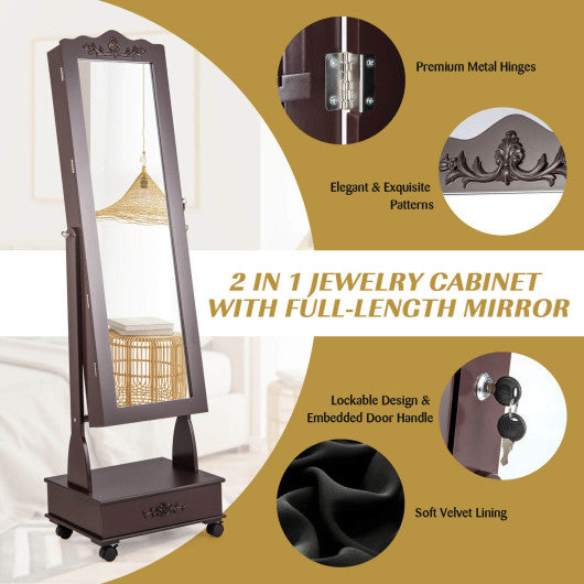 Rolling Floor Standing Mirrored Jewelry Armoire with Lock and Drawers-Brown Online