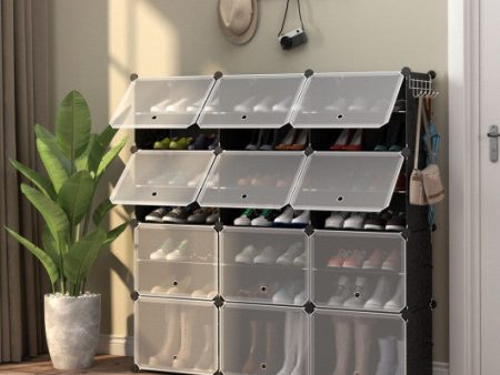 12-Cube 48 Pairs Portable Shoe Shelves with Hook-Black Online Sale