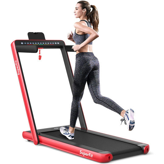 2-in-1 Electric Motorized Health and Fitness Folding Treadmill with Dual Display and Speaker-Red Sale