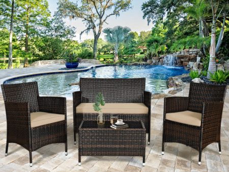 4 Pieces Comfortable Outdoor Rattan Sofa Set with Glass Coffee Table-Light Brown Discount