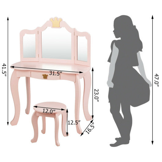 Kids Makeup Dressing Table with Tri-folding Mirror and Stool-Pink Cheap