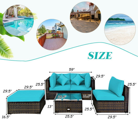 5 Pcs Outdoor Patio Rattan Furniture Set Sectional Conversation with Navy Cushions-Turquoise Online Hot Sale