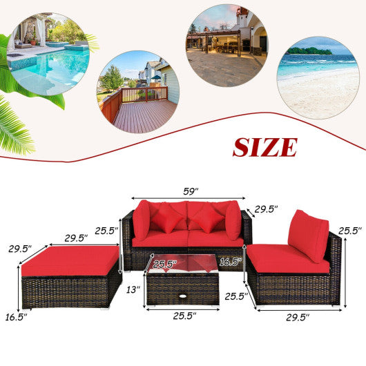 5 Pcs Outdoor Patio Rattan Furniture Set Sectional Conversation with Navy Cushions-Red on Sale