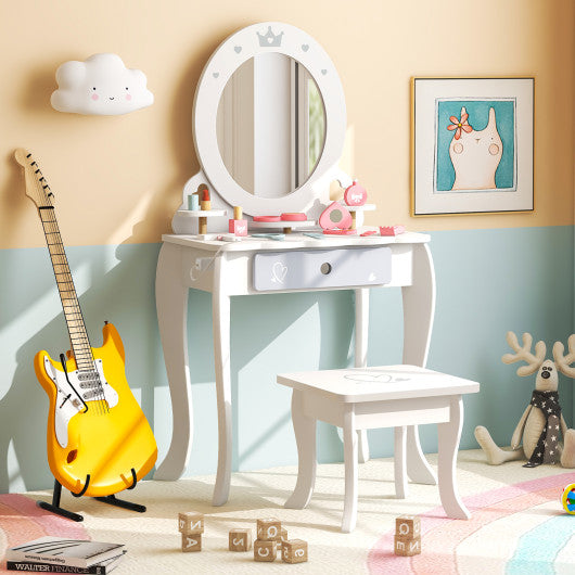 Kids 2-in-1 Princess Makeup Table and Chair Set with Removable Mirror-White Cheap