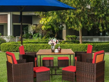 9 Pieces Patio Rattan Dining Cushioned Chairs Set-Red For Cheap