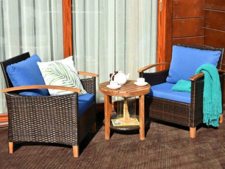 3 Pieces Patio Rattan Furniture Set with Washable Cushion and Acacia Wood Tabletop-Blue Fashion