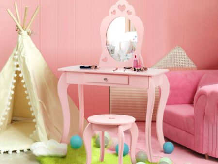 Kids Princess Makeup Dressing Play Table Set with Mirror -Pink Discount